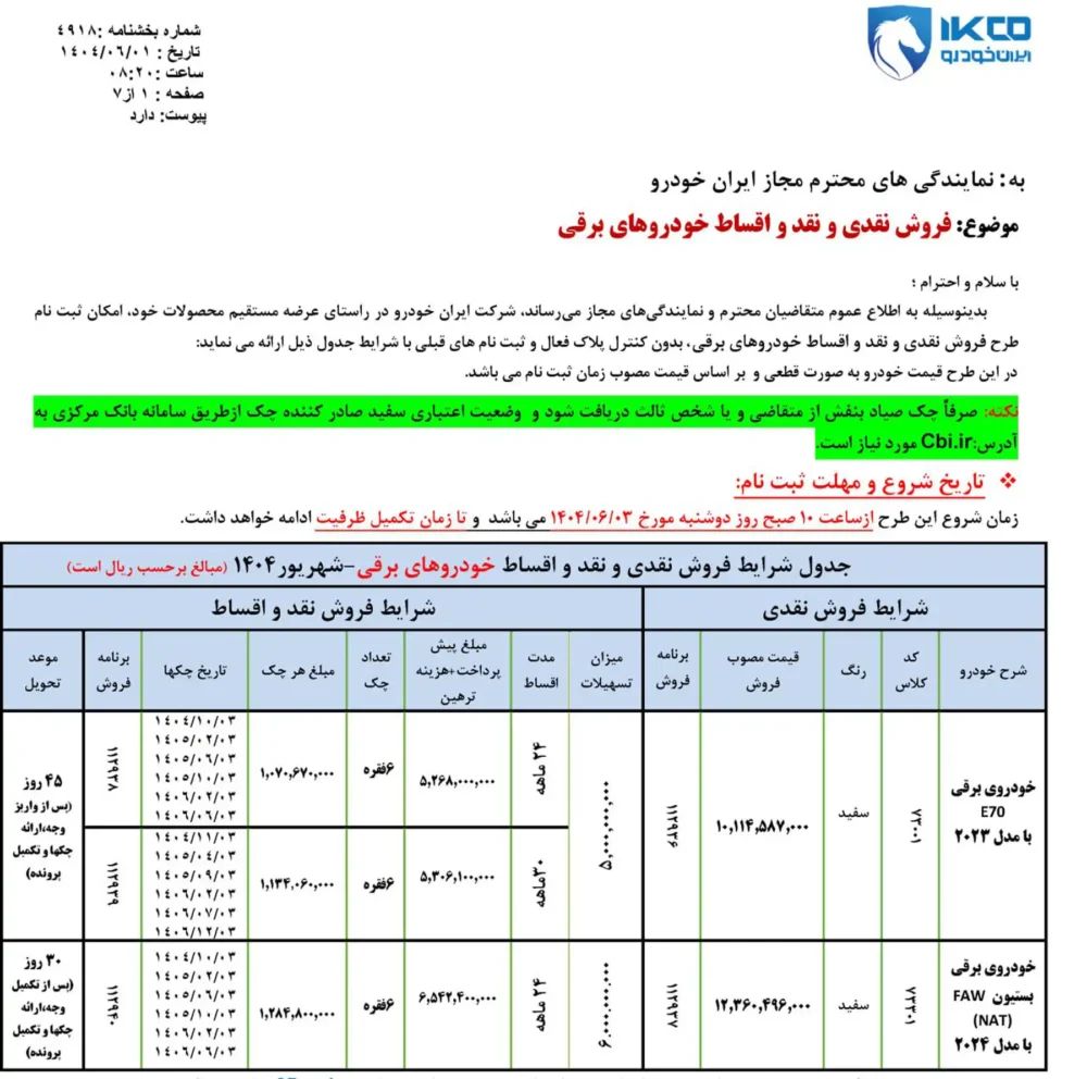 شرایط فروش اقساطی دو محصول ایران خودرو اعلام شد - شهریور 1404