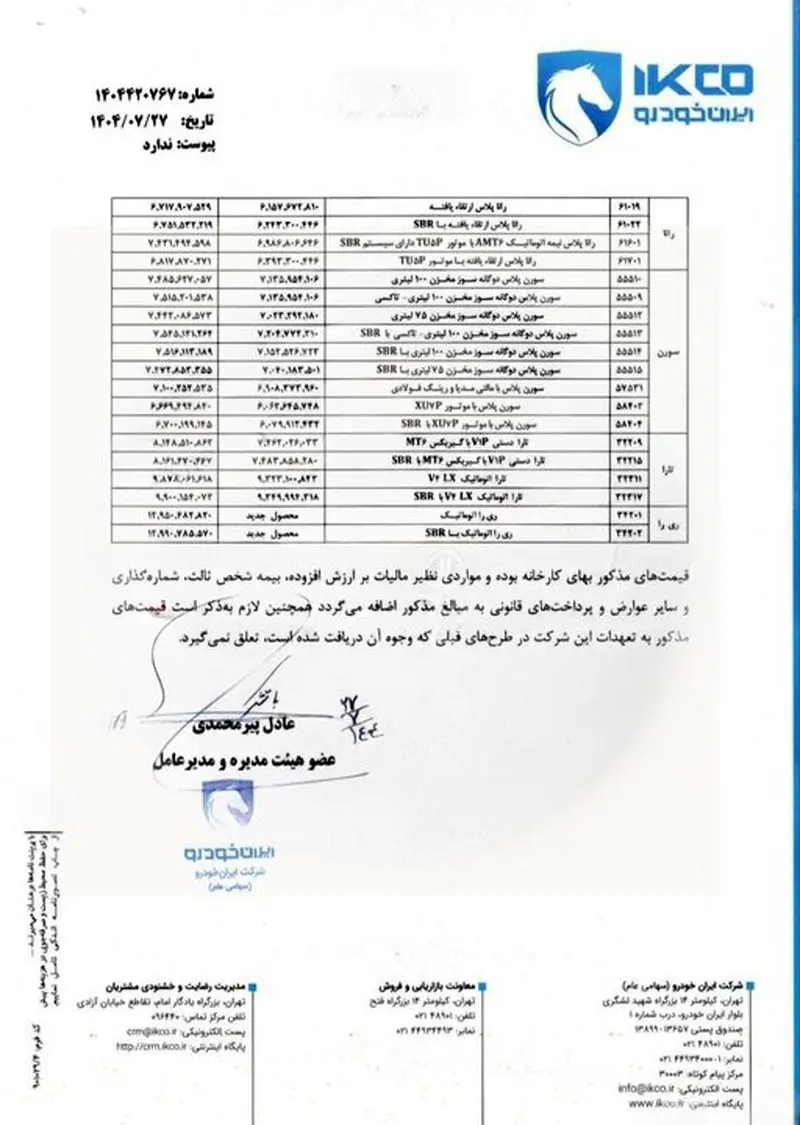 قیمت محصولات ایران خودرو