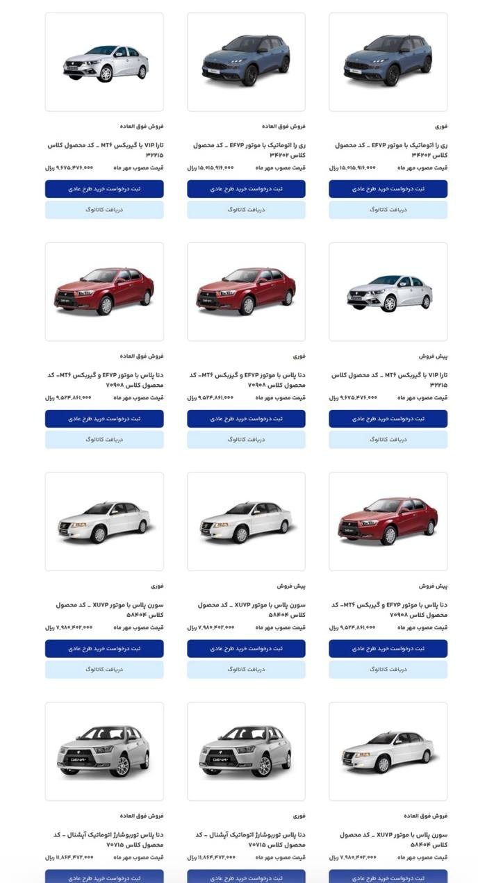 فهرست محصولات طرح فروش ایرانخودرو