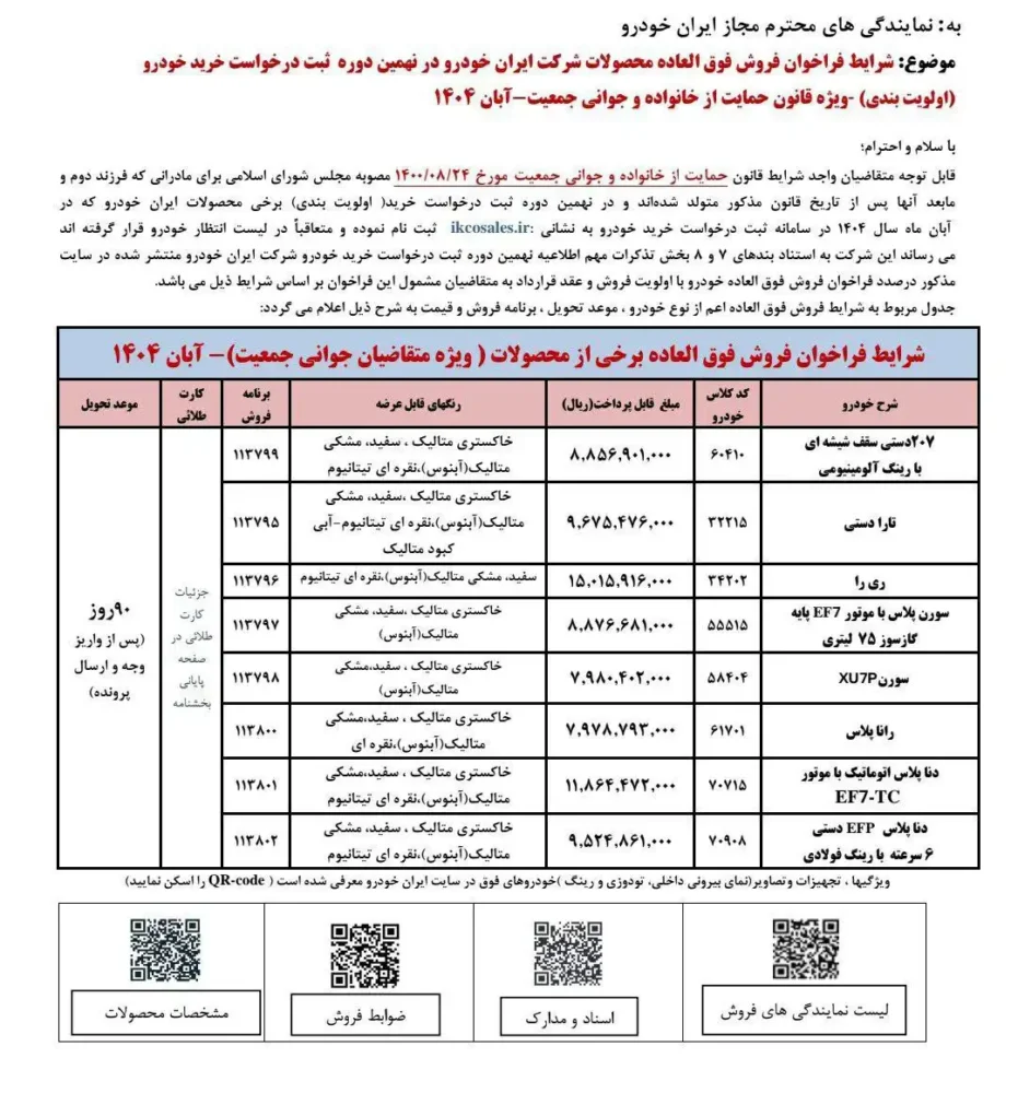 شرایط فروش محصولات ایران خودرو ویژه مادران اعلام شد - آبان 1404