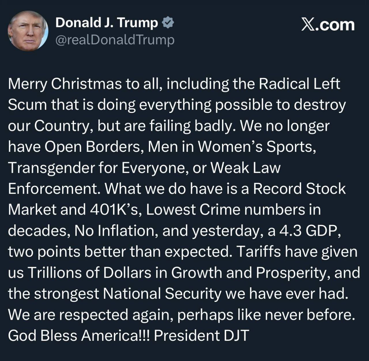  فحاشی ترامپ در پیام تبریک کریسمس 