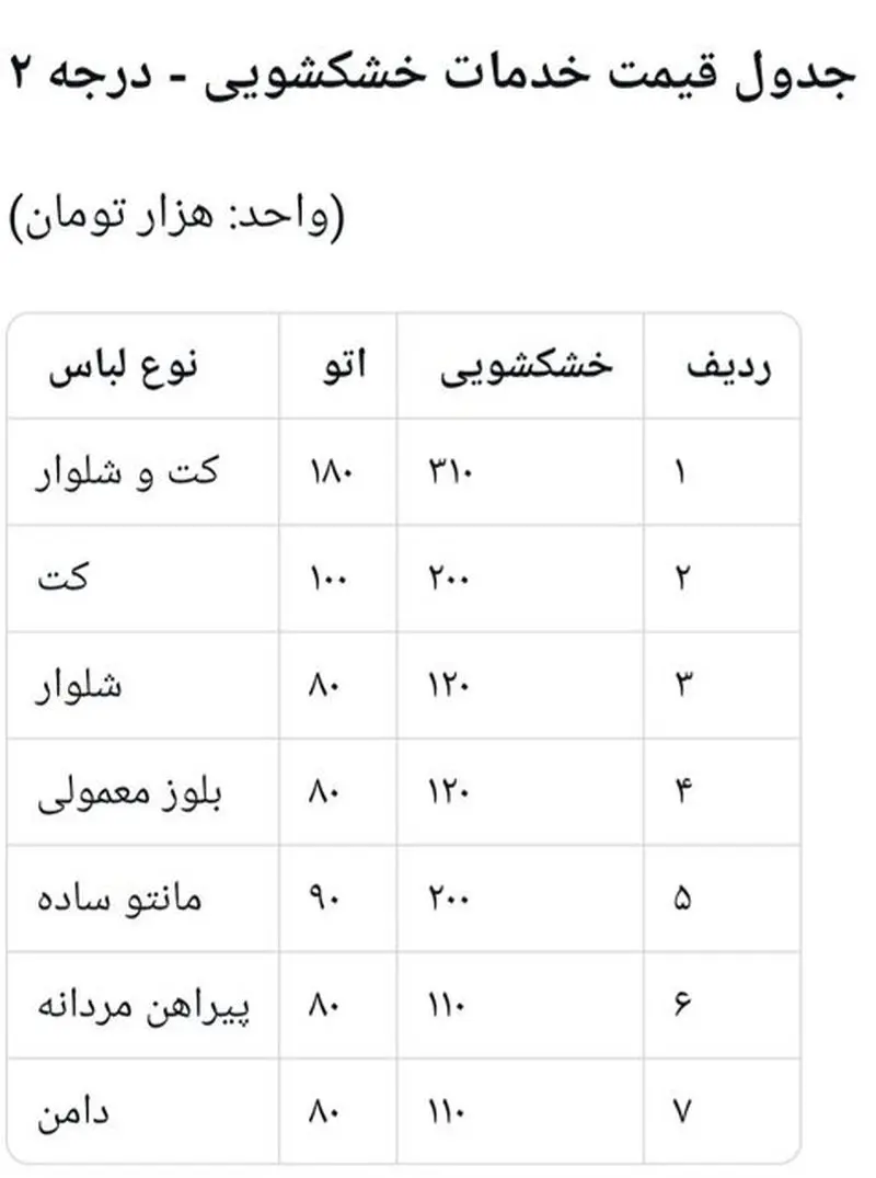 نرخ خشکشویی