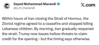 مرندی: ایران دیشب پس از آتش‌بس در لبنان تنگه هرمز را به تدریج بازگشایی کرد